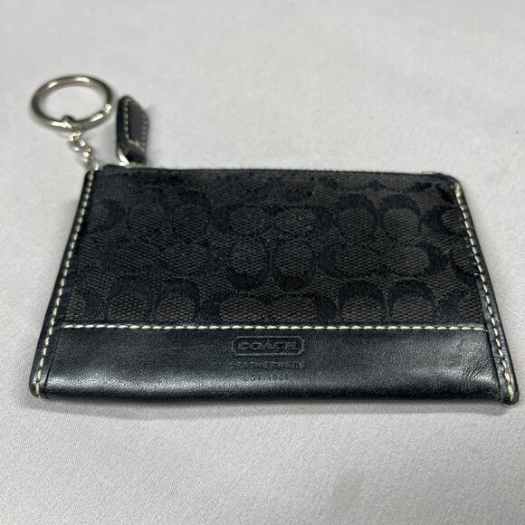 COACH Keychain Coin Purse Wallet Black Signature Jacquard & Leather Trim - Picture 2 of 12